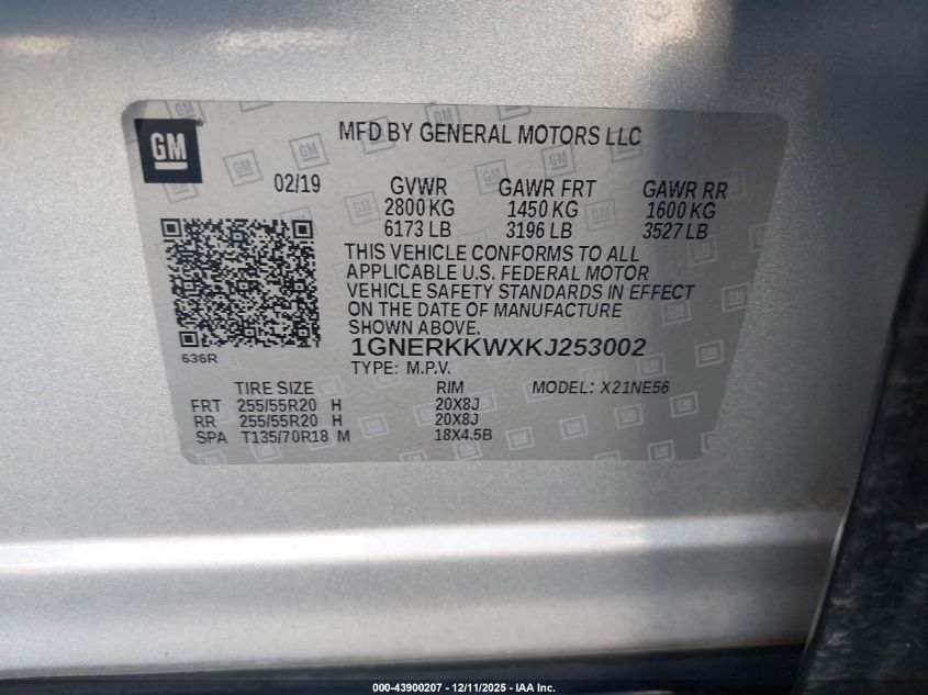 2019 Chevrolet Traverse Premier VIN: 1GNERKKWXKJ253002 Lot: 43900207