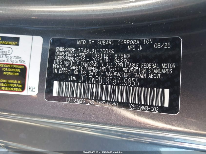 2025 Toyota Gr86 VIN: JF1ZNBB18S8759855 Lot: 43900223