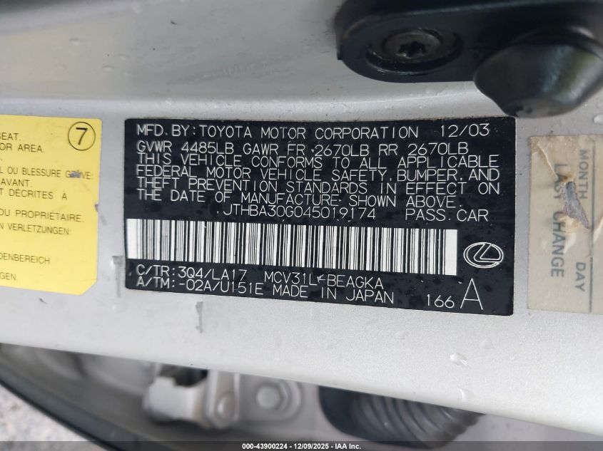 2004 Lexus Es 330 VIN: JTHBA30G045019174 Lot: 43900224