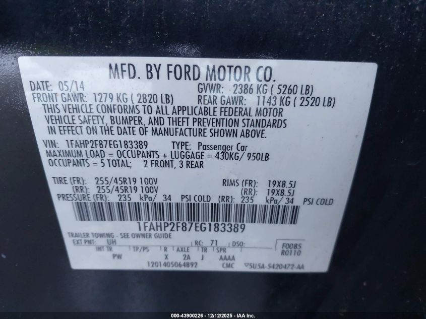 2014 Ford Taurus Limited VIN: 1FAHP2F87EG183389 Lot: 43900226