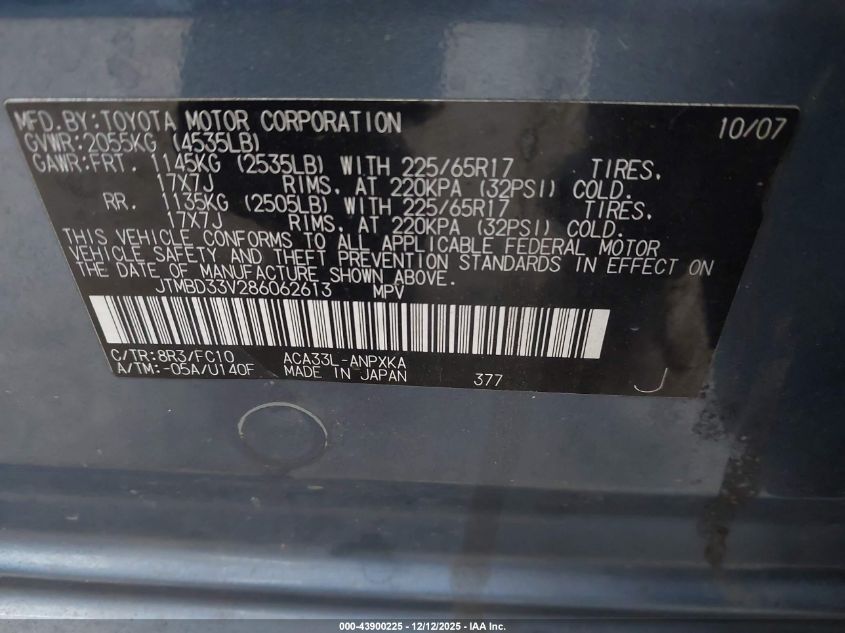 2008 Toyota Rav4 VIN: JTMBD33V286062613 Lot: 43900225