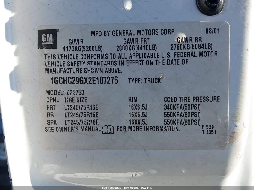 2002 Chevrolet Silverado 2500Hd Ls VIN: 1GCHC29GX2E107276 Lot: 43900236
