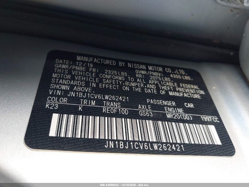 2020 Nissan Rogue Sport Sl Fwd Xtronic Cvt VIN: JN1BJ1CV6LW262421 Lot: 43900242