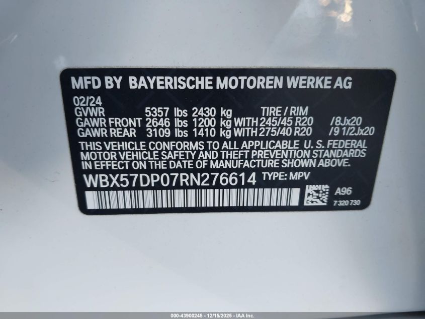 2024 BMW X3 xDrive30I VIN: WBX57DP07RN276614 Lot: 43900245