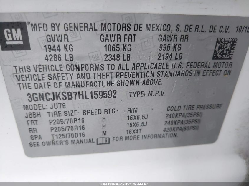 2017 Chevrolet Trax Ls VIN: 3GNCJKSB7HL159592 Lot: 43900248