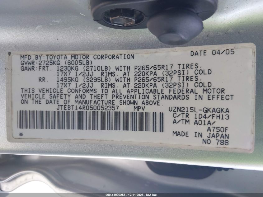 2005 Toyota 4Runner Sr5 Sport V8 VIN: JTEBT14R050052357 Lot: 43900255