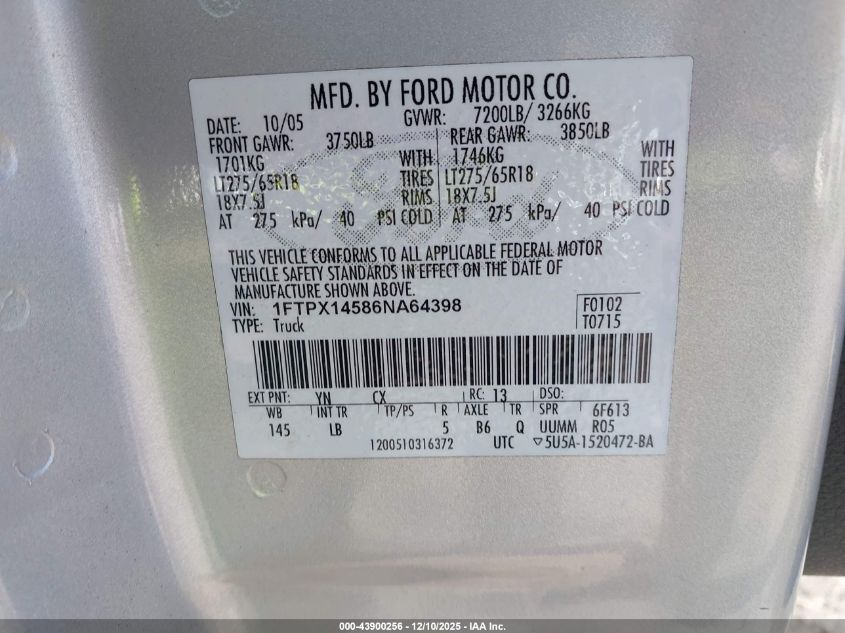 2006 Ford F-150 Fx4/Lariat/Xl/Xlt VIN: 1FTPX14586NA64398 Lot: 43900256