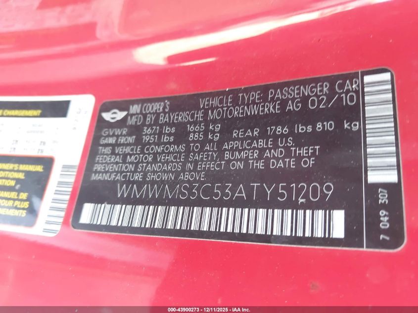 2010 Mini Cooper S VIN: WMWMS3C53ATY51209 Lot: 43900273