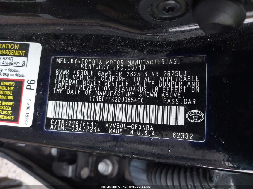 2013 Toyota Camry Hybrid Le VIN: 4T1BD1FK3DU085406 Lot: 43900277