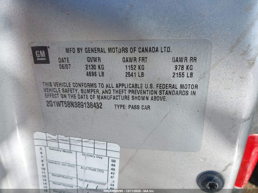 2008 Chevrolet Impala Lt VIN: 2G1WT58N389138432 Lot: 43900290
