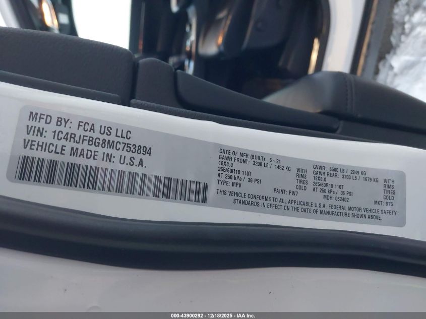 2021 Jeep Grand Cherokee Limited 4X4 VIN: 1C4RJFBG8MC753894 Lot: 43900292