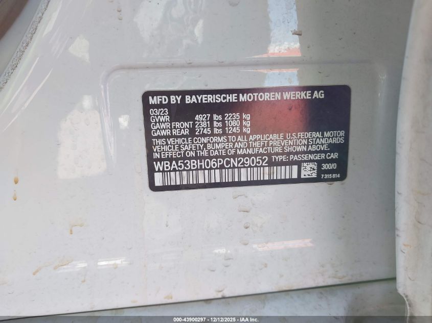2023 BMW 530 I VIN: WBA53BH06PCN29052 Lot: 43900297