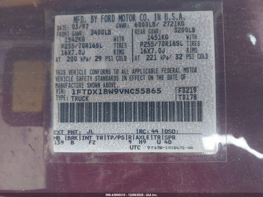 1997 Ford F-150 Lariat/Xl/Xlt VIN: 1FTDX18W9VNC55865 Lot: 43900310