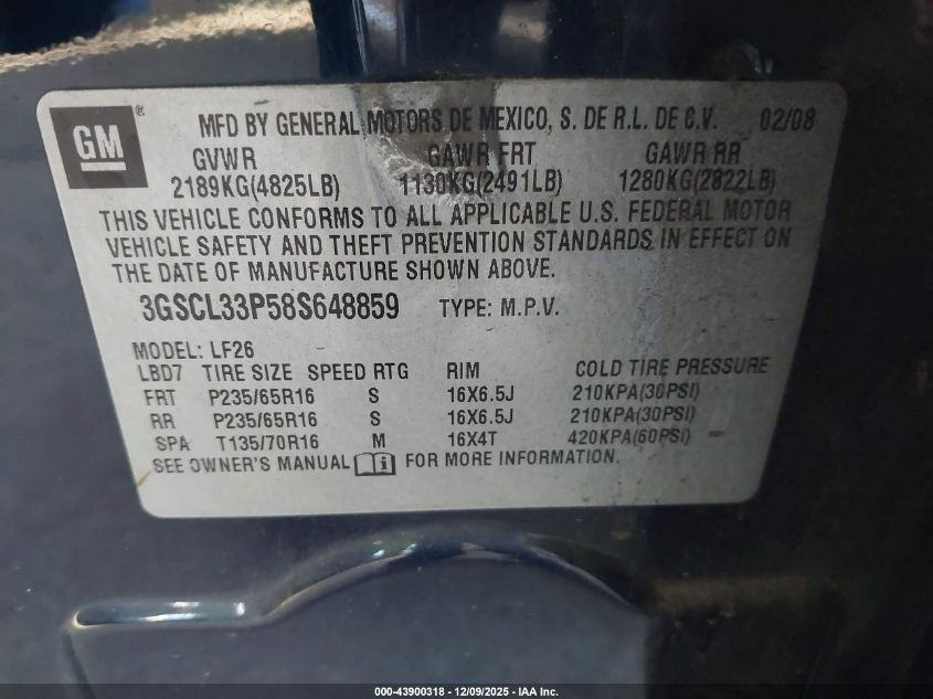 2008 Saturn Vue 4-Cyl Xe VIN: 3GSCL33P58S648859 Lot: 43900318