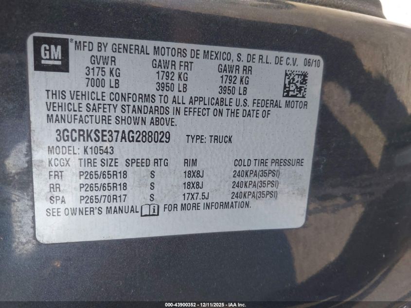 2010 Chevrolet Silverado 1500 Lt VIN: 3GCRKSE37AG288029 Lot: 43900352