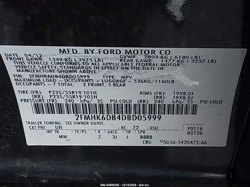 2013 Ford Flex Limited VIN: 2FMHK6D84DBD05999 Lot: 43900355