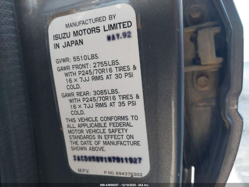 1992 Isuzu Trooper S VIN: JACDH58V1N7911927 Lot: 43900357
