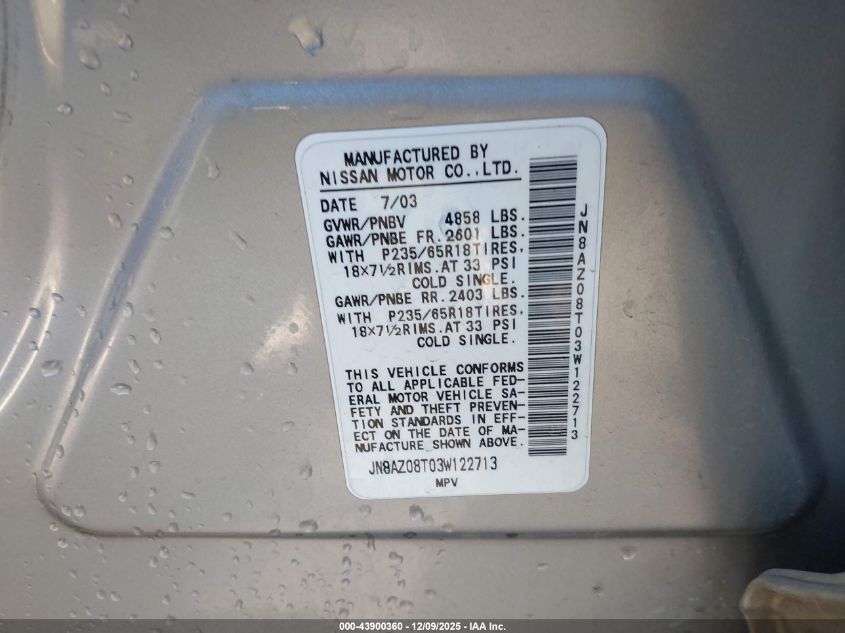 2003 Nissan Murano Sl VIN: JN8AZ08T03W122713 Lot: 43900360