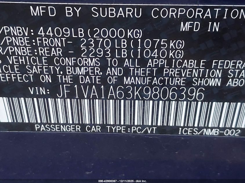 2019 Subaru Wrx VIN: JF1VA1A63K9806396 Lot: 43900367