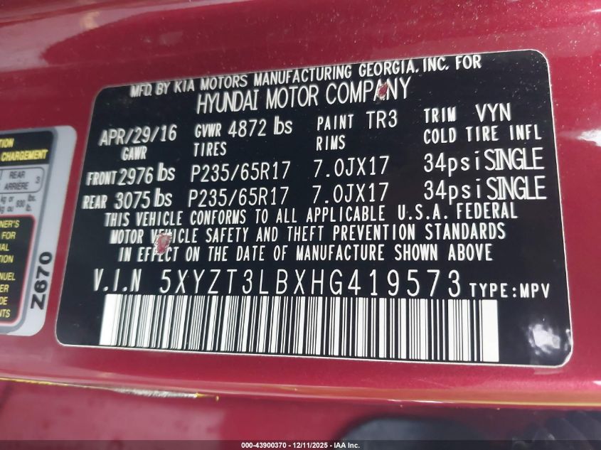 2017 Hyundai Santa Fe Sport 2.4L VIN: 5XYZT3LBXHG419573 Lot: 43900370