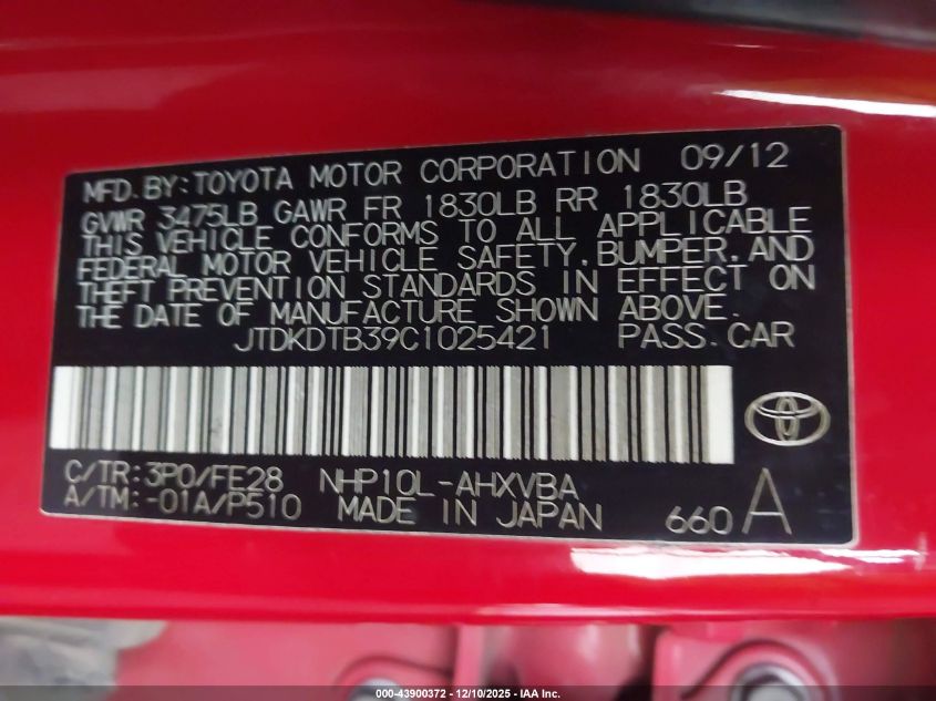 2012 Toyota Prius C One VIN: JTDKDTB39C1025421 Lot: 43900372