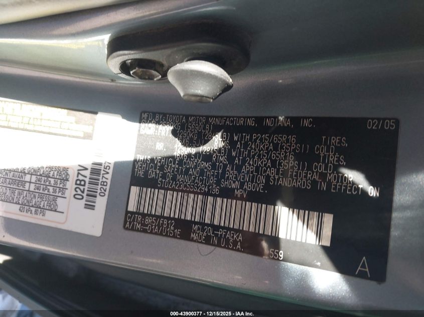 2005 Toyota Sienna Le VIN: 5TDZA23C55S294196 Lot: 43900377