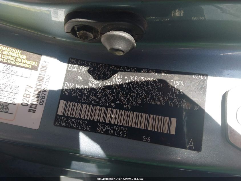 2005 Toyota Sienna Le VIN: 5TDZA23C55S294196 Lot: 43900377