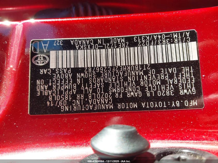 2015 Toyota Corolla S Plus VIN: 2T1BURHE2FC266782 Lot: 43900384