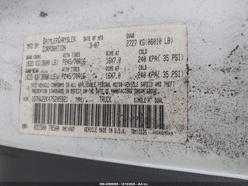 2007 Dodge Dakota St VIN: 1D7HW22K47S205921 Lot: 43900388