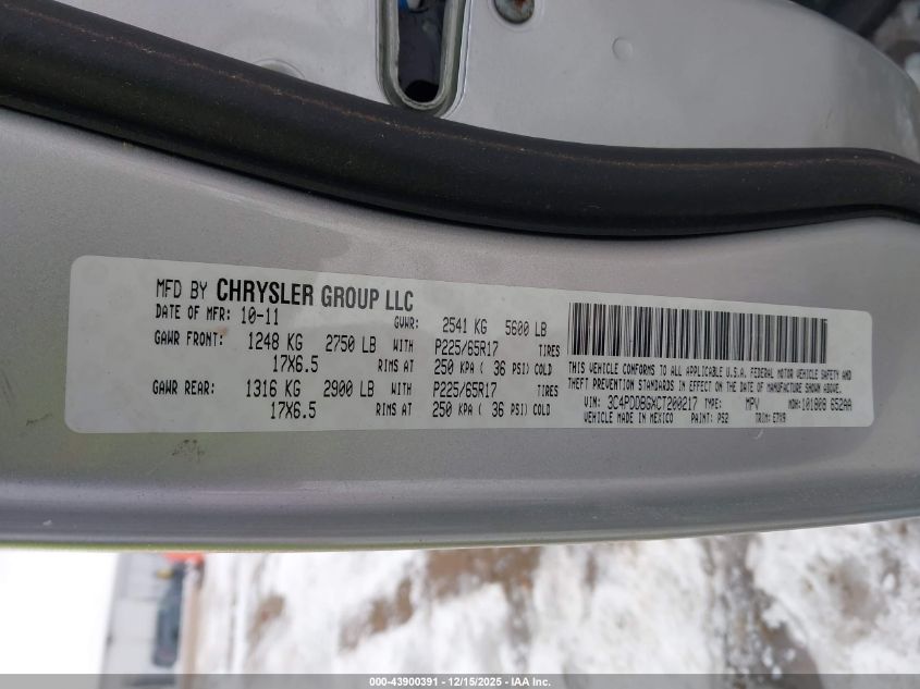 2012 Dodge Journey Sxt VIN: 3C4PDDBGXCT200217 Lot: 43900391