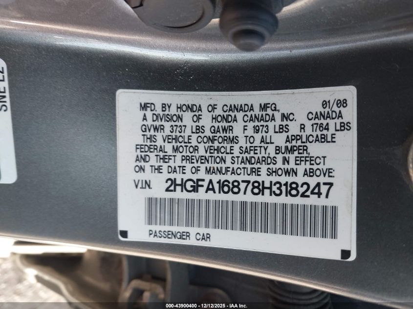 2008 Honda Civic Ex VIN: 2HGFA16878H318247 Lot: 43900400
