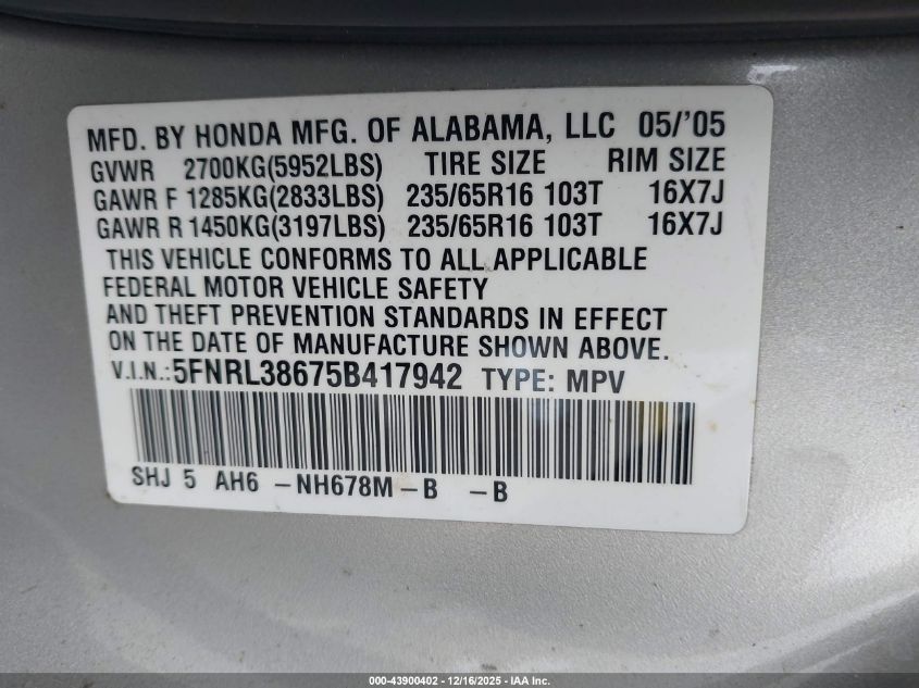 2005 Honda Odyssey Ex-L VIN: 5FNRL38675B417942 Lot: 43900402