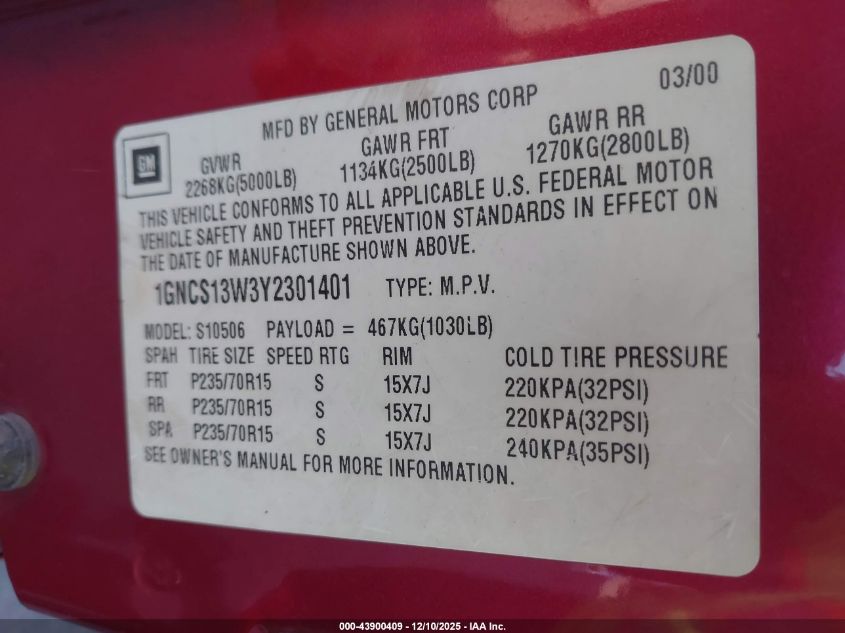 2000 Chevrolet Blazer Lt VIN: 1GNCS13W3Y2301401 Lot: 43900409