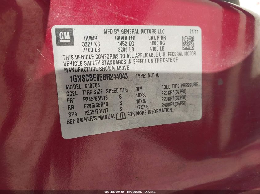 2011 Chevrolet Tahoe Lt VIN: 1GNSCBE05BR244043 Lot: 43900412