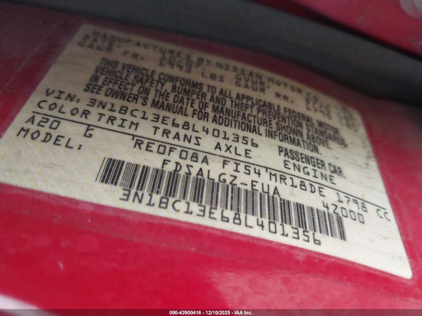 2008 Nissan Versa 1.8Sl VIN: 3N1BC13E68L401356 Lot: 43900416