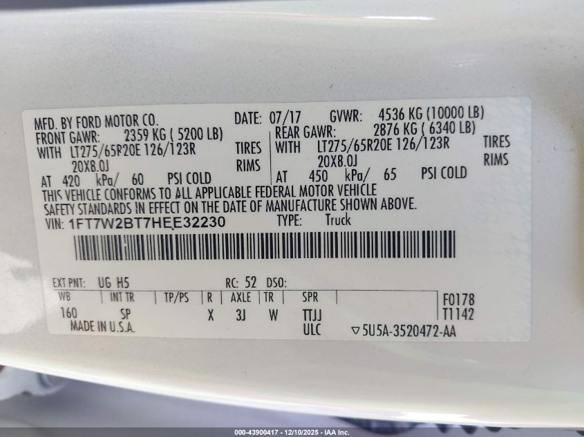 2017 Ford F-250 King Ranch VIN: 1FT7W2BT7HEE32230 Lot: 43900417