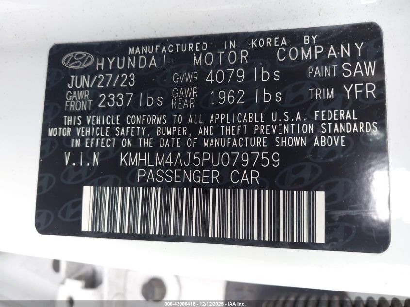 2023 Hyundai Elantra Hybrid Blue VIN: KMHLM4AJ5PU079759 Lot: 43900418