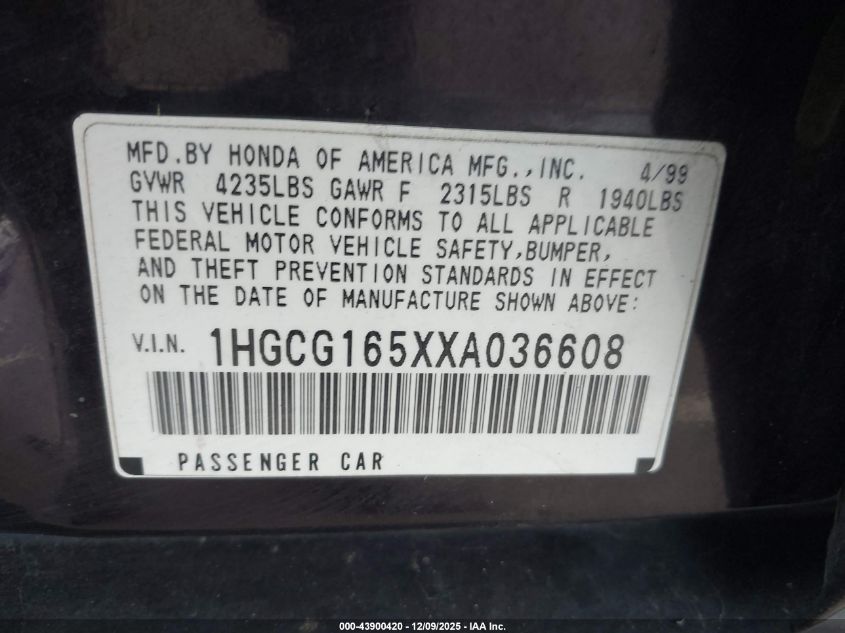 1999 Honda Accord Ex V6 VIN: 1HGCG165XXA036608 Lot: 43900420