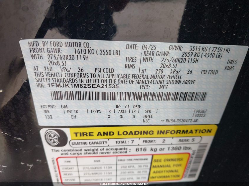 2025 Ford Expedition Platinum Max VIN: 1FMJK1M82SEA21535 Lot: 43900425