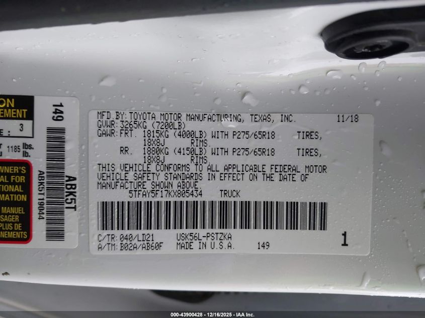 2019 Toyota Tundra 1794 5.7L V8 VIN: 5TFAY5F17KX805434 Lot: 43900428