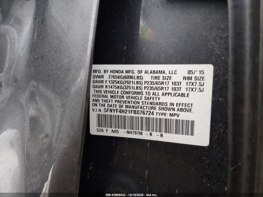 2015 Honda Pilot Lx VIN: 5FNYF4H21FB076724 Lot: 43900432