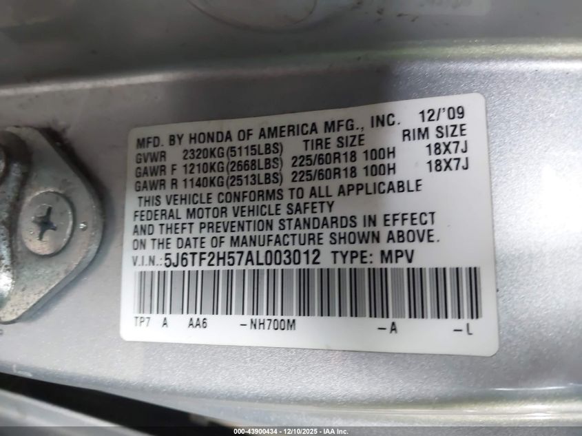 2010 Honda Accord Crosstour Ex-L VIN: 5J6TF2H57AL003012 Lot: 43900434