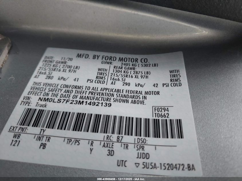 2021 Ford Transit Connect Xlt VIN: NM0LS7F23M1492139 Lot: 43900456