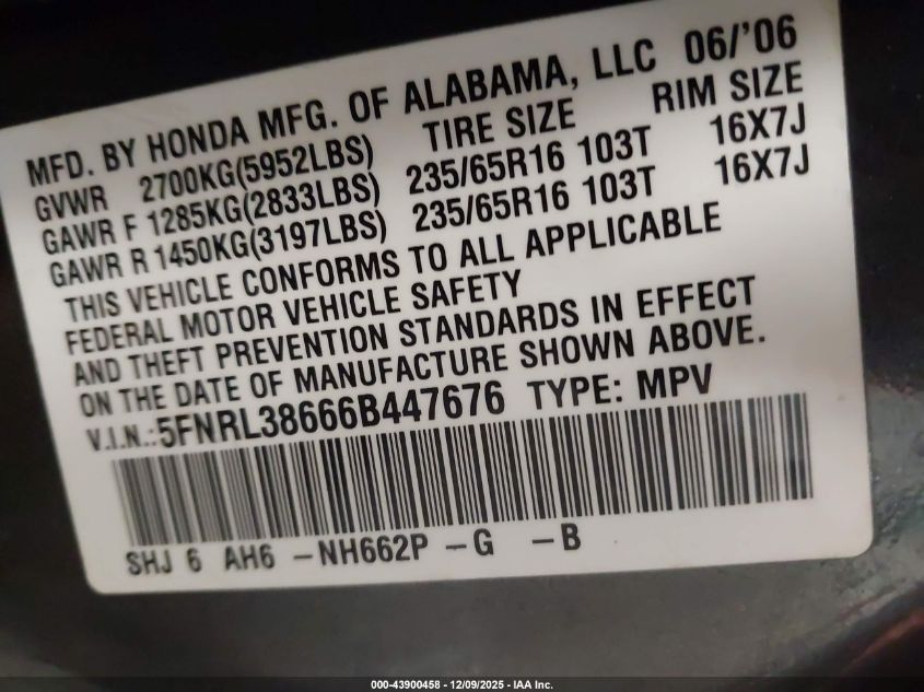 2006 Honda Odyssey Ex-L VIN: 5FNRL38666B447676 Lot: 43900458