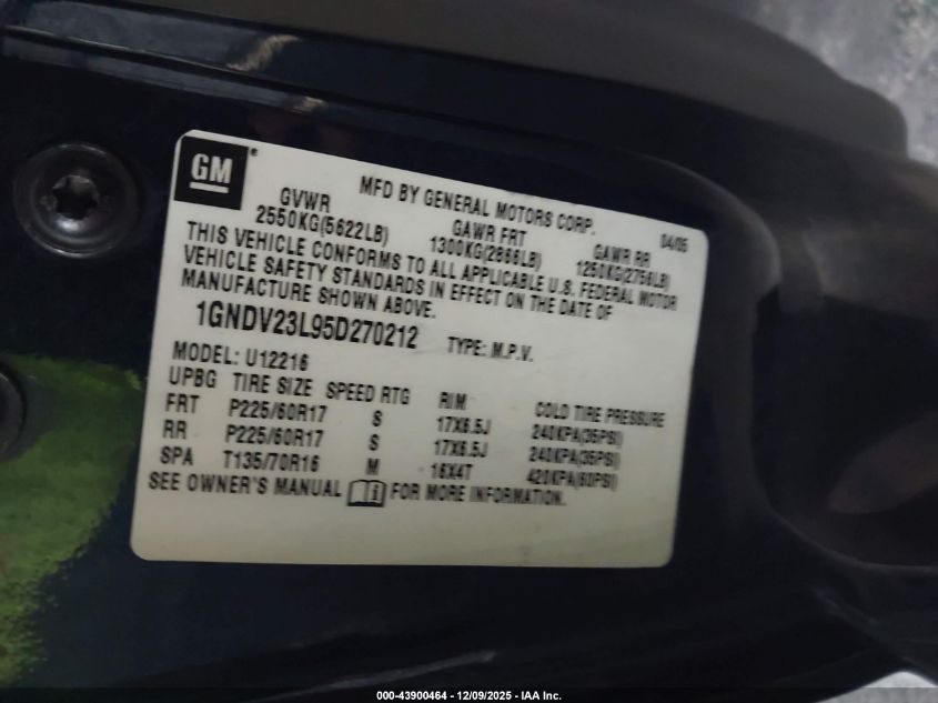 2005 Chevrolet Uplander Ls VIN: 1GNDV23L95D270212 Lot: 43900464