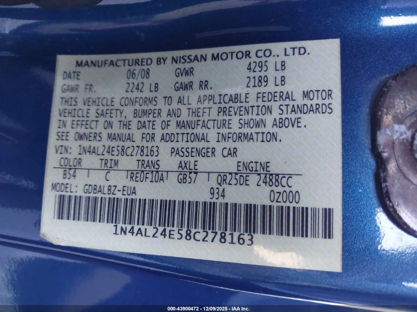 2008 Nissan Altima 2.5 S VIN: 1N4AL24E58C278163 Lot: 43900472