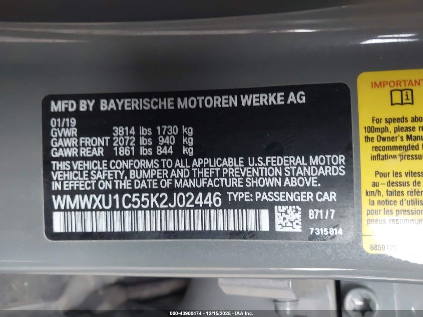 2019 Mini Hardtop Cooper VIN: WMWXU1C55K2J02446 Lot: 43900474