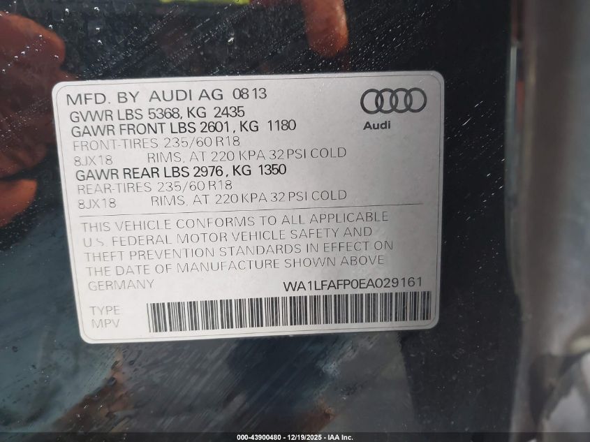 2014 Audi Q5 2.0T Premium VIN: WA1LFAFP0EA029161 Lot: 43900480