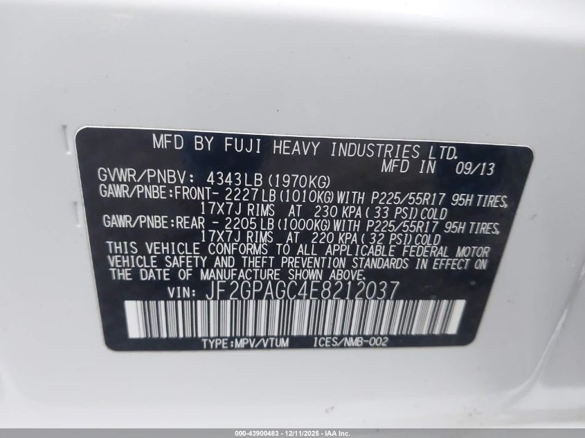 2014 Subaru Xv Crosstrek 2.0I Limited VIN: JF2GPAGC4E8212037 Lot: 43900483