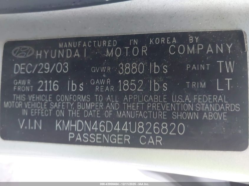 2004 Hyundai Elantra Gls/Gt VIN: KMHDN46D44U826820 Lot: 43900484